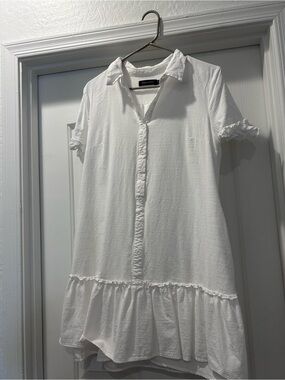 White Ruffle-Hem Button Front Dress